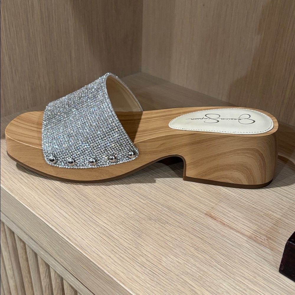 Jessica Simpson Silver Sparkle Wood-Effect Platform Mules - Picture 4 of 4